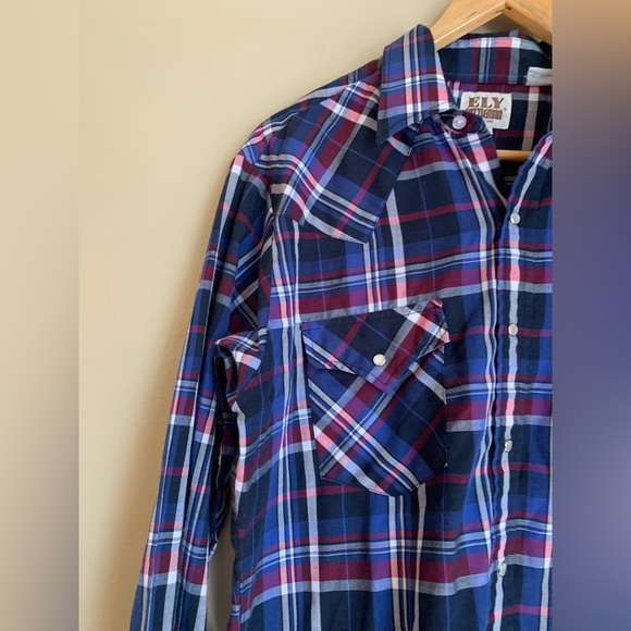 Ely Cattleman snap button shirt ling sleeve plaid thin western cowboy size med - Picture 3 of 7